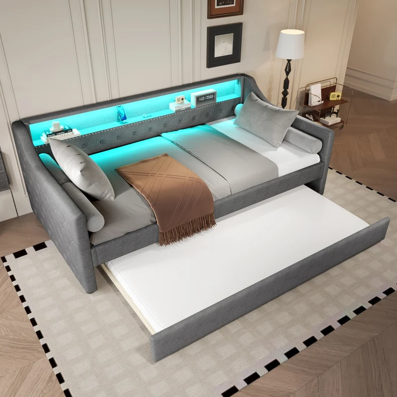 Divano letto singolo 90x200 cm con rete a doghe; letto estraibile; LED e USB; lino grigio