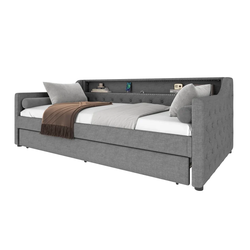 Divano letto singolo 90x200 cm con rete a doghe; letto estraibile; LED e USB; lino grigio