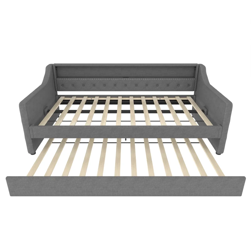Divano letto singolo 90x200 cm con rete a doghe; letto estraibile; LED e USB; lino grigio