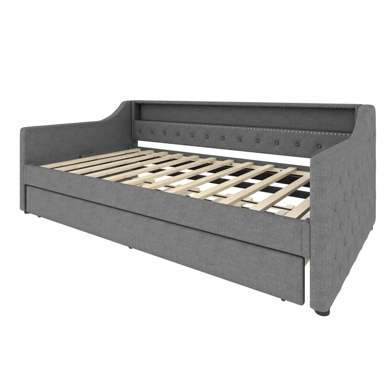Divano letto singolo 90x200 cm con rete a doghe; letto estraibile; LED e USB; lino grigio