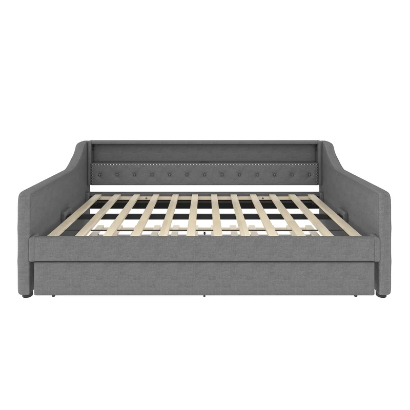 Divano letto singolo 90x200 cm con rete a doghe; letto estraibile; LED e USB; lino grigio