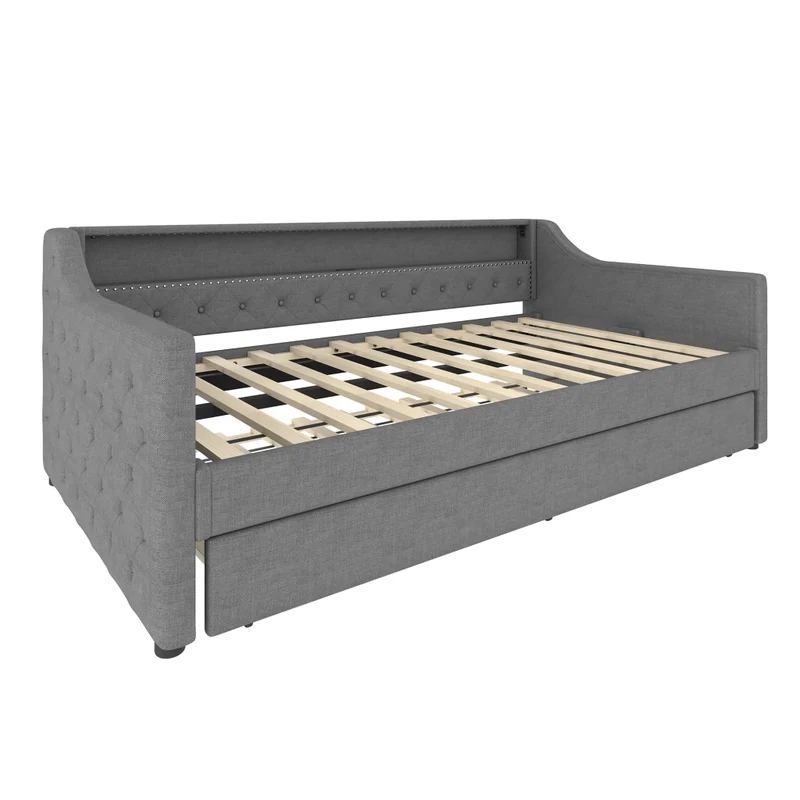 Divano letto singolo 90x200 cm con rete a doghe; letto estraibile; LED e USB; lino grigio