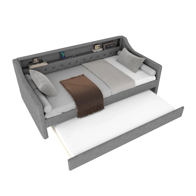 Divano letto singolo 90x200 cm con rete a doghe; letto estraibile; LED e USB; lino grigio