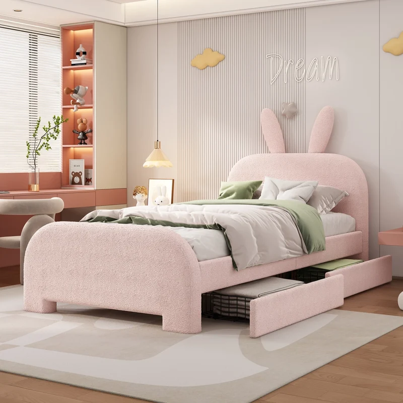 Letto per bambini 90x200 cm imbottito rosa a forma di coniglio con due cassetti