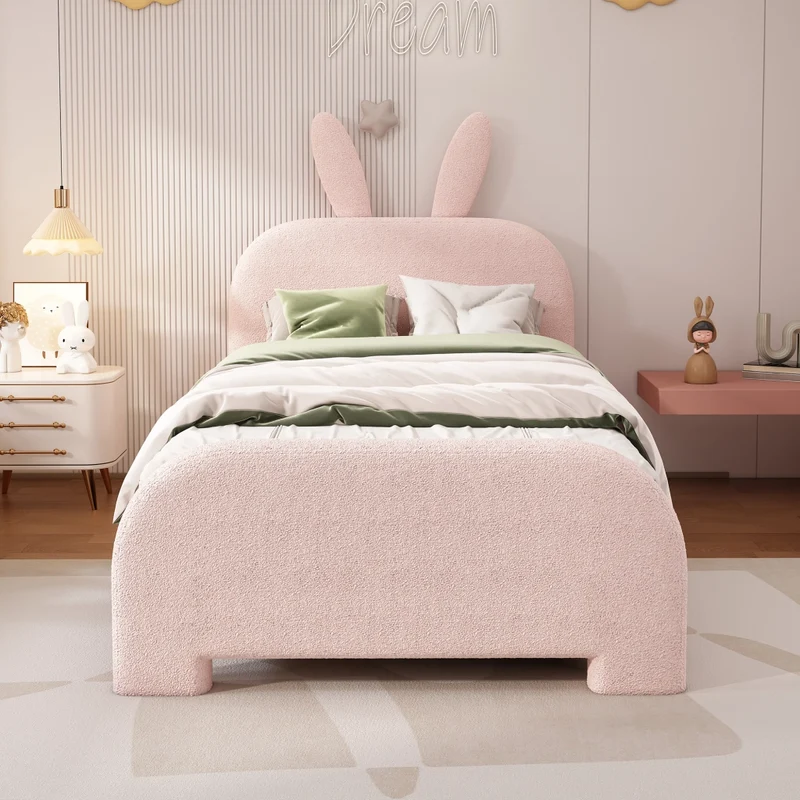 Letto per bambini 90x200 cm imbottito rosa a forma di coniglio con due cassetti