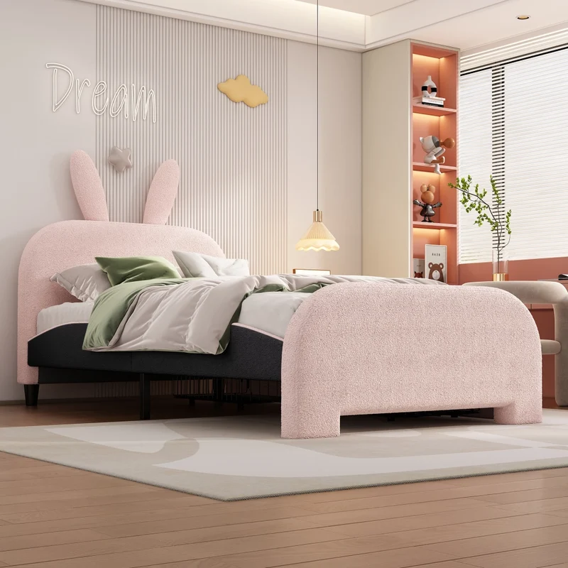 Letto per bambini 90x200 cm imbottito rosa a forma di coniglio con due cassetti