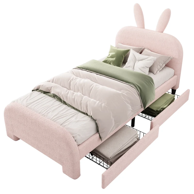 Letto per bambini 90x200 cm imbottito rosa a forma di coniglio con due cassetti