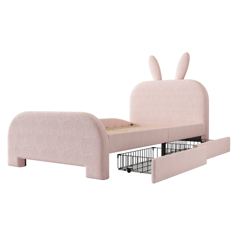 Letto per bambini 90x200 cm imbottito rosa a forma di coniglio con due cassetti