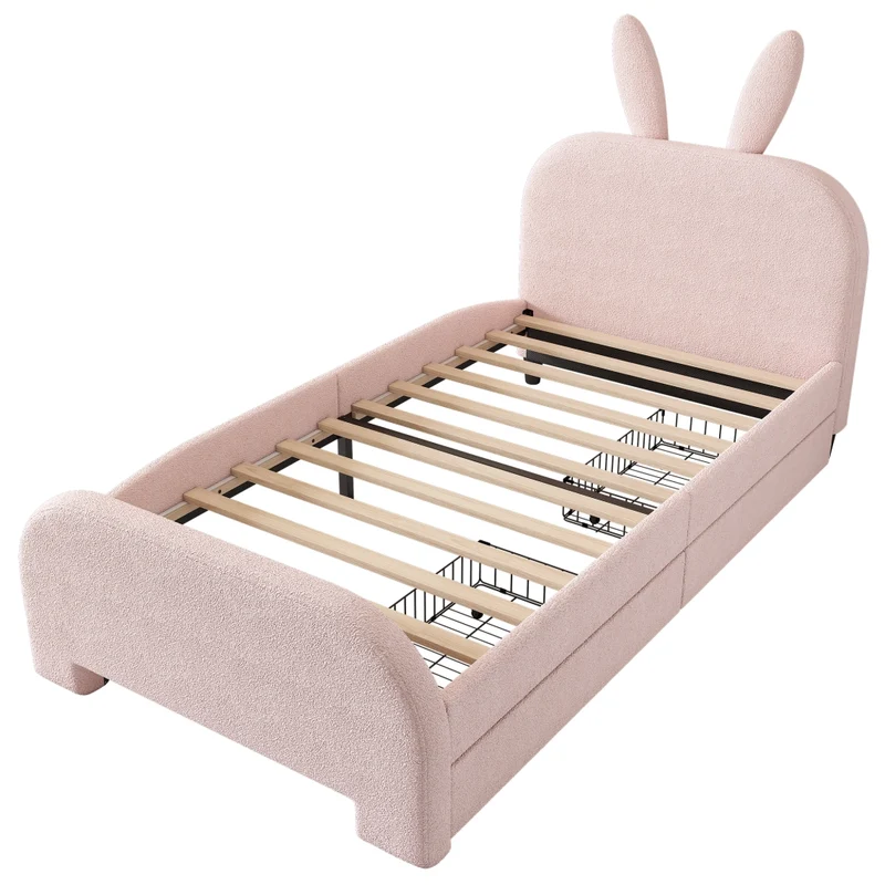 Letto per bambini 90x200 cm imbottito rosa a forma di coniglio con due cassetti