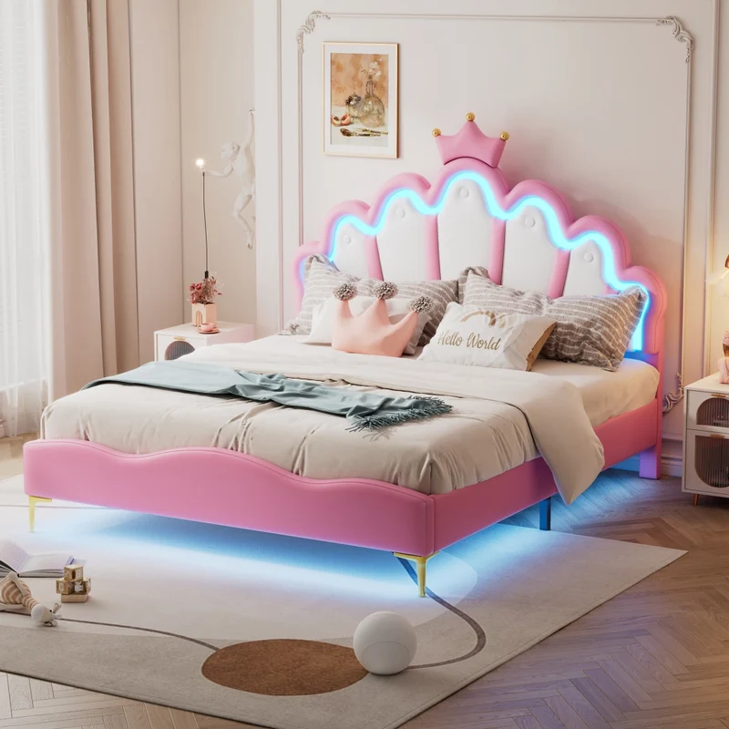 Letto matrimoniale rosa 140x200 cm con corona; imbottitura in similpelle e luci LED