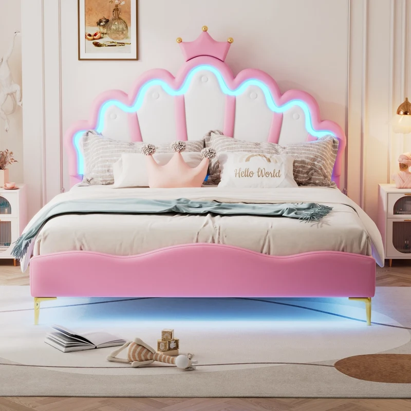 Letto matrimoniale rosa 140x200 cm con corona; imbottitura in similpelle e luci LED