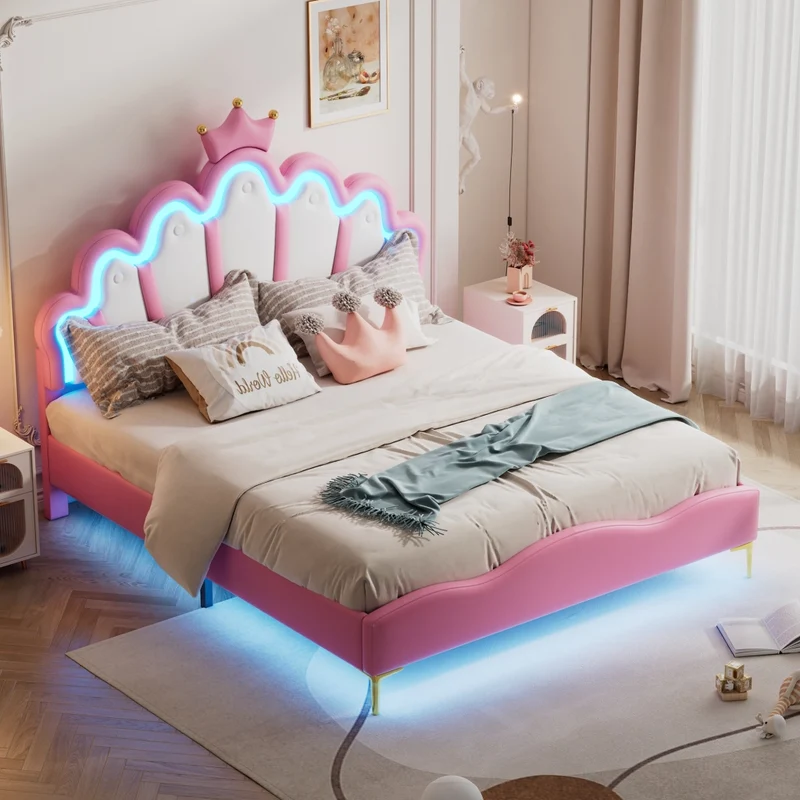 Letto matrimoniale rosa 140x200 cm con corona; imbottitura in similpelle e luci LED