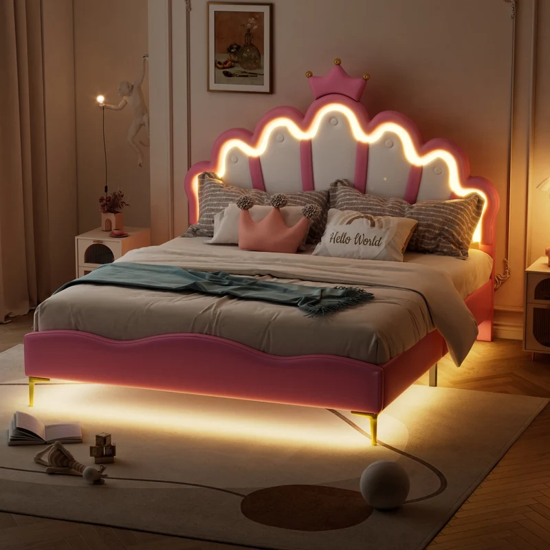 Letto matrimoniale rosa 140x200 cm con corona; imbottitura in similpelle e luci LED