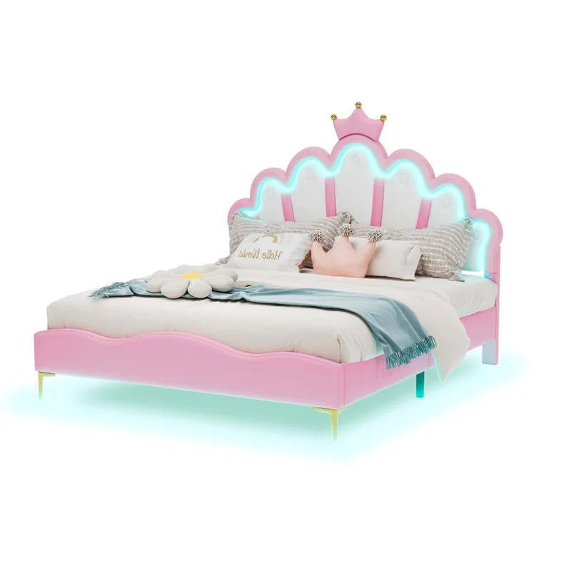 Letto matrimoniale rosa 140x200 cm con corona; imbottitura in similpelle e luci LED