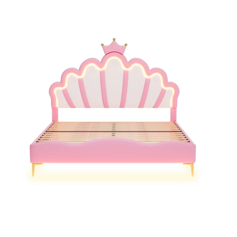 Letto matrimoniale rosa 140x200 cm con corona; imbottitura in similpelle e luci LED