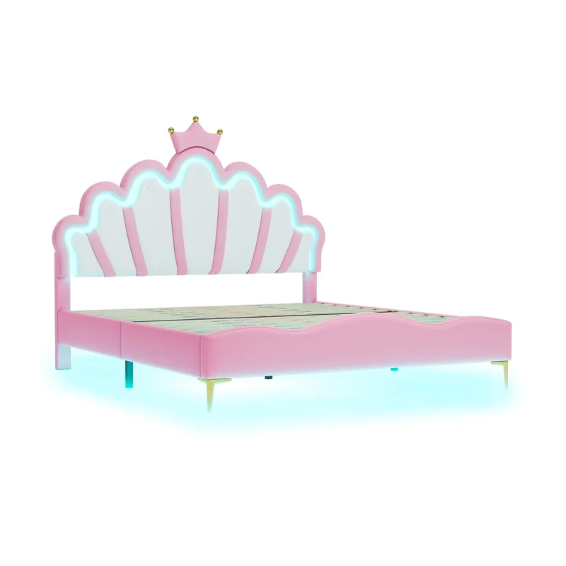 Letto matrimoniale rosa 140x200 cm con corona; imbottitura in similpelle e luci LED