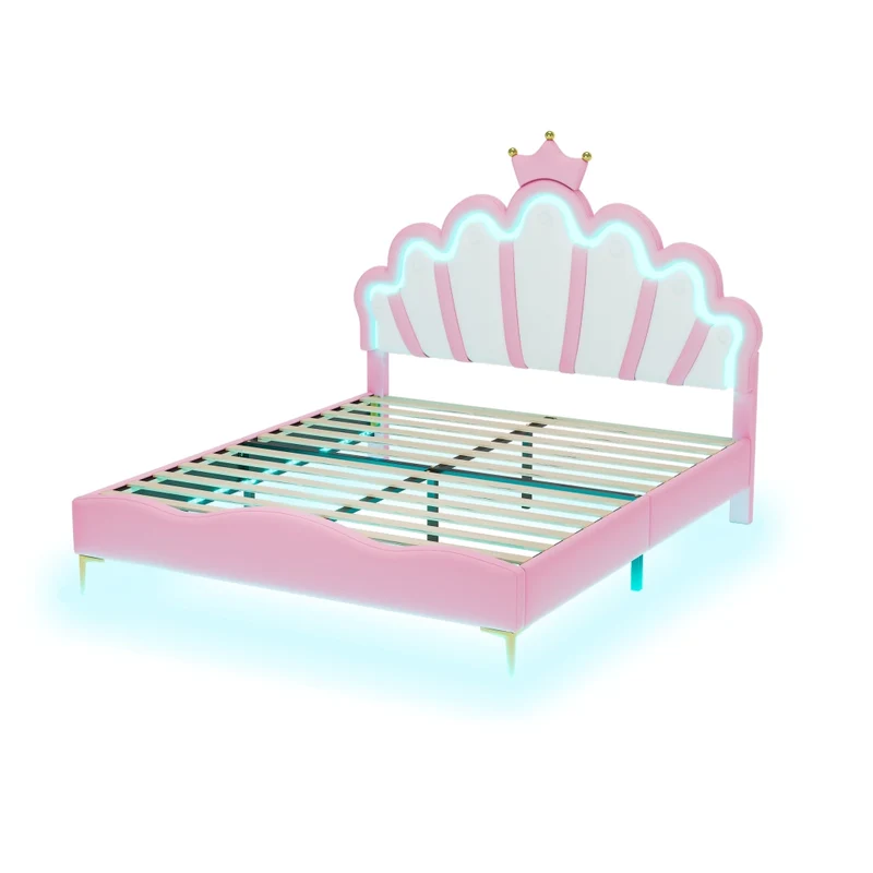 Letto matrimoniale rosa 140x200 cm con corona; imbottitura in similpelle e luci LED