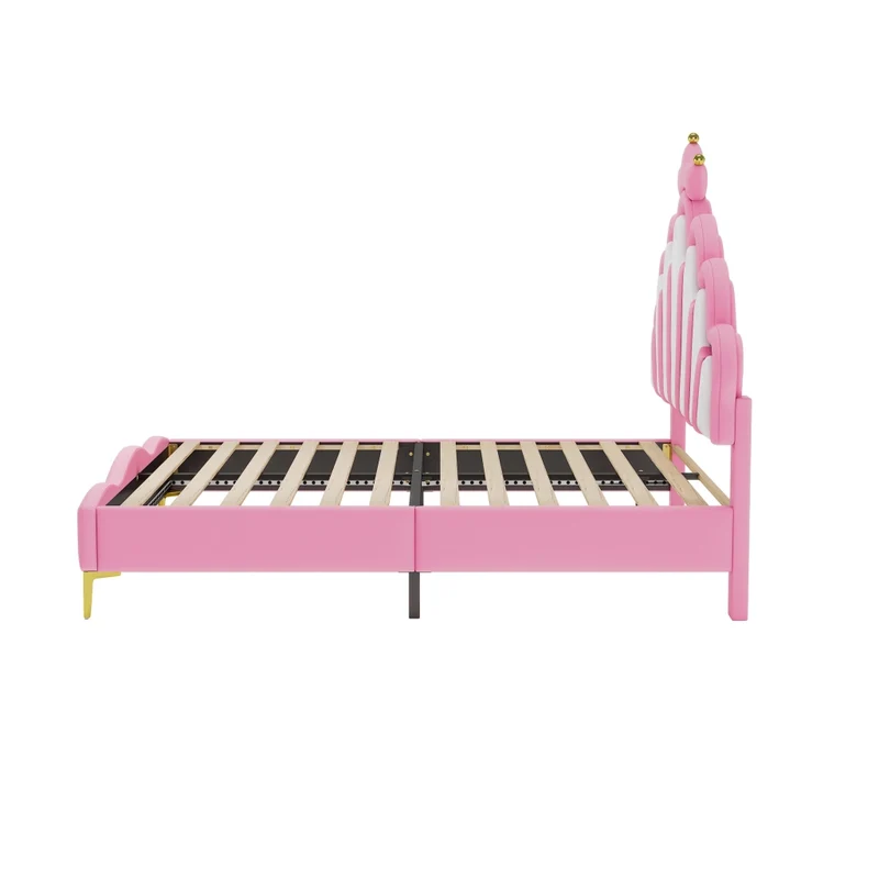 Letto matrimoniale rosa 140x200 cm con corona; imbottitura in similpelle e luci LED