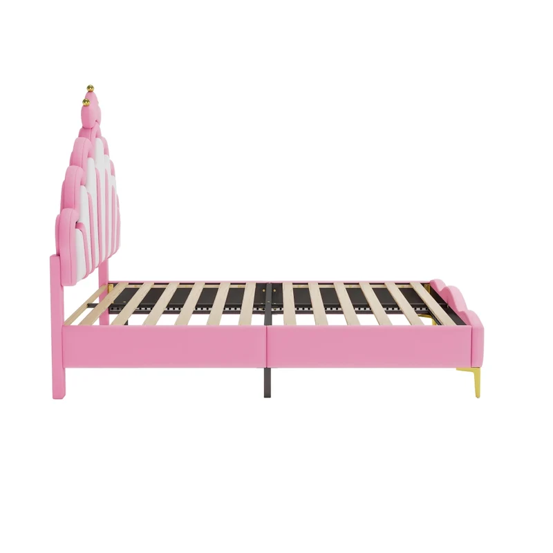 Letto matrimoniale rosa 140x200 cm con corona; imbottitura in similpelle e luci LED