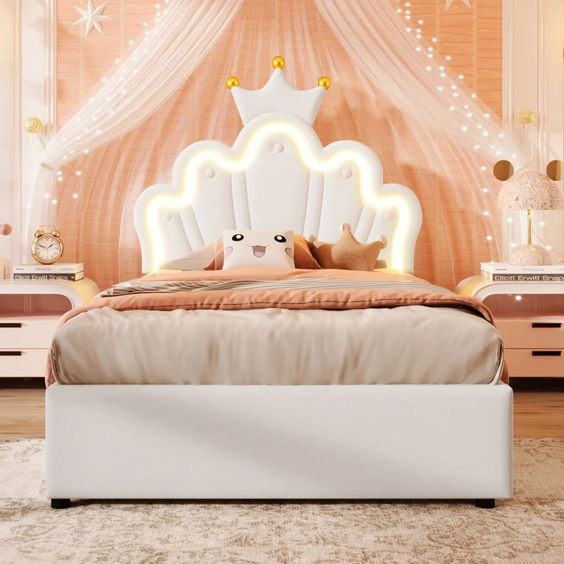 Letto singolo imbottito 90 x 200 cm in PU bianco con LED; contenitore idraulico e testiera regolabile