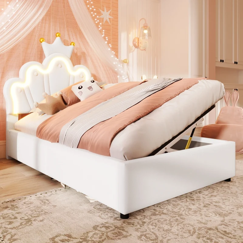 Letto singolo imbottito 90 x 200 cm in PU bianco con LED; contenitore idraulico e testiera regolabile