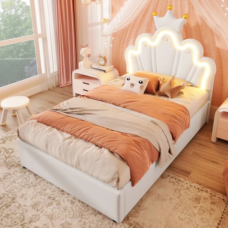 Letto singolo imbottito 90 x 200 cm in PU bianco con LED; contenitore idraulico e testiera regolabile