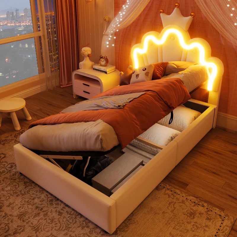 Letto singolo imbottito 90 x 200 cm in PU bianco con LED; contenitore idraulico e testiera regolabile