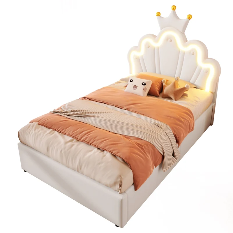 Letto singolo imbottito 90 x 200 cm in PU bianco con LED; contenitore idraulico e testiera regolabile