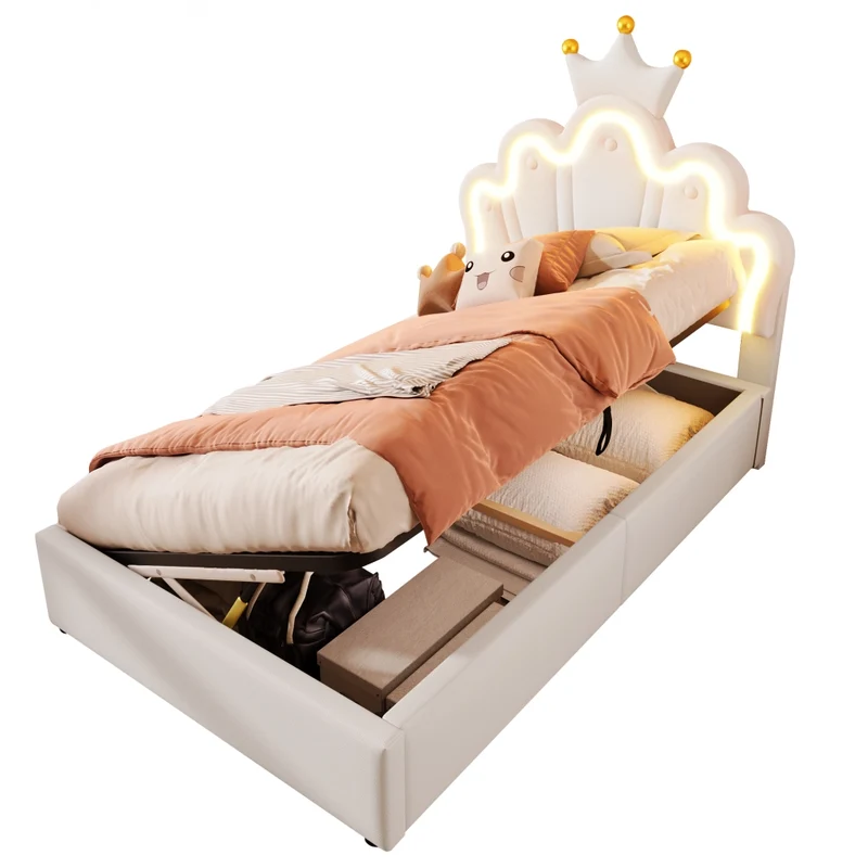 Letto singolo imbottito 90 x 200 cm in PU bianco con LED; contenitore idraulico e testiera regolabile