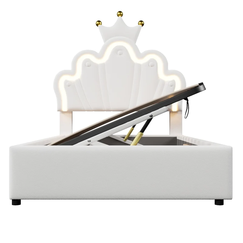 Letto singolo imbottito 90 x 200 cm in PU bianco con LED; contenitore idraulico e testiera regolabile