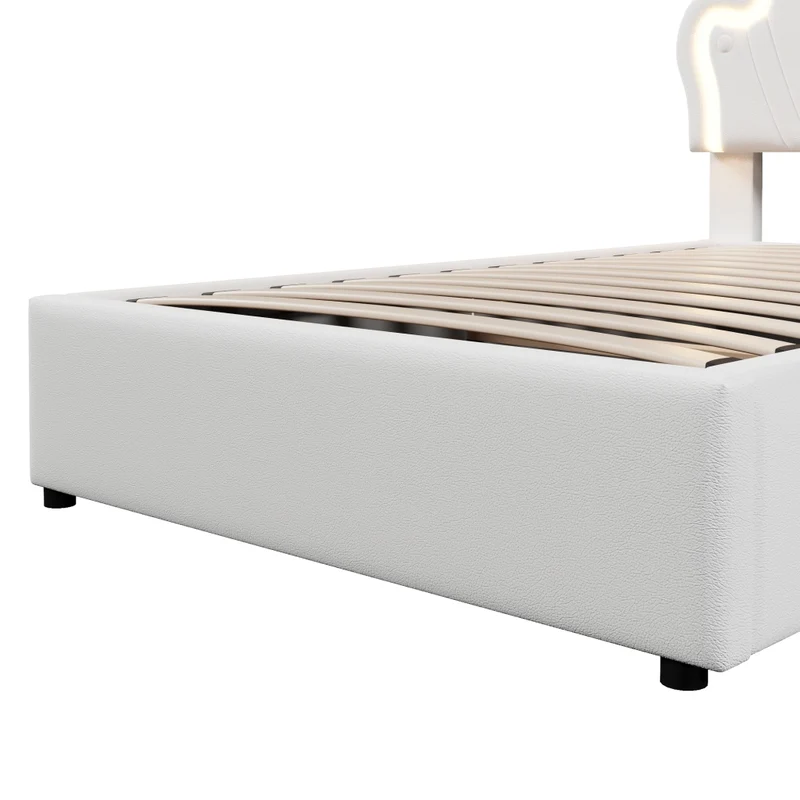 Letto singolo imbottito 90 x 200 cm in PU bianco con LED; contenitore idraulico e testiera regolabile