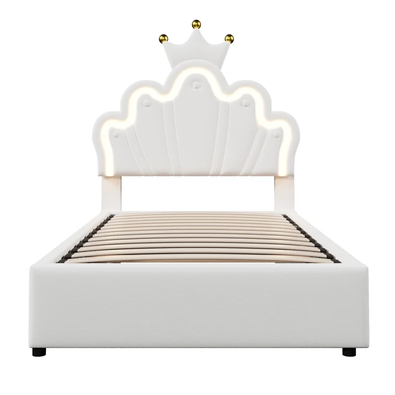 Letto singolo imbottito 90 x 200 cm in PU bianco con LED; contenitore idraulico e testiera regolabile