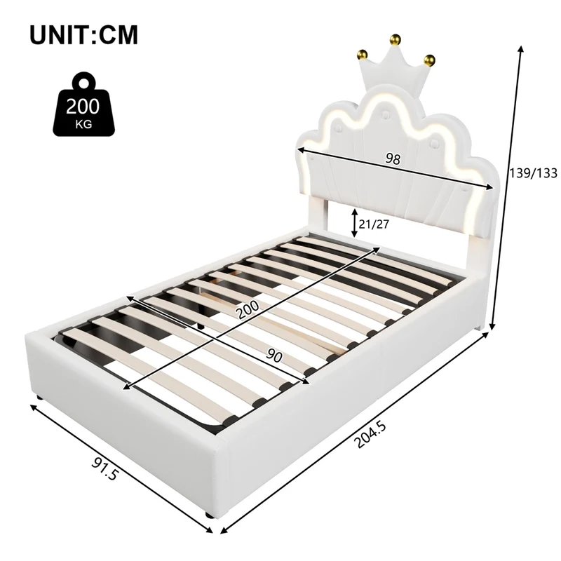 Letto singolo imbottito 90 x 200 cm in PU bianco con LED; contenitore idraulico e testiera regolabile