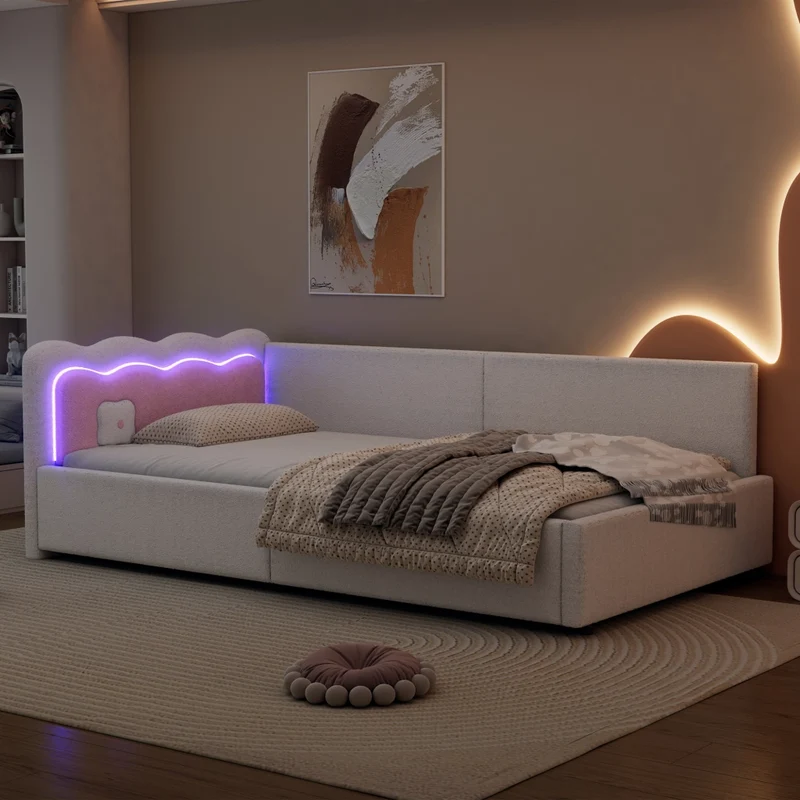 Divano letto 90x200 cm con illuminazione LED regolabile; rivestimento morbido bianco