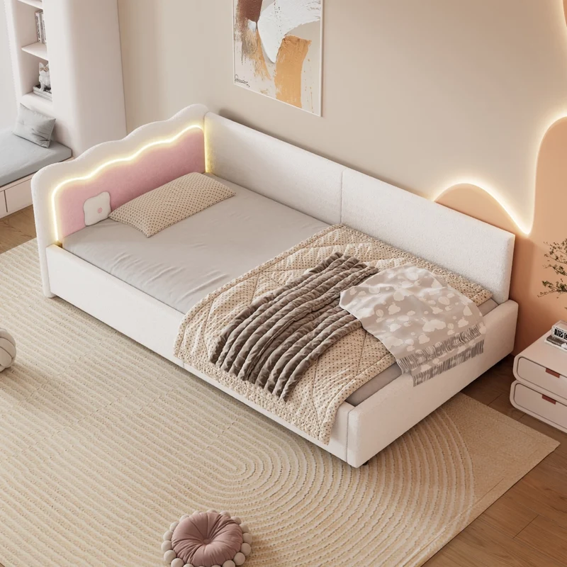 Divano letto 90x200 cm con illuminazione LED regolabile; rivestimento morbido bianco