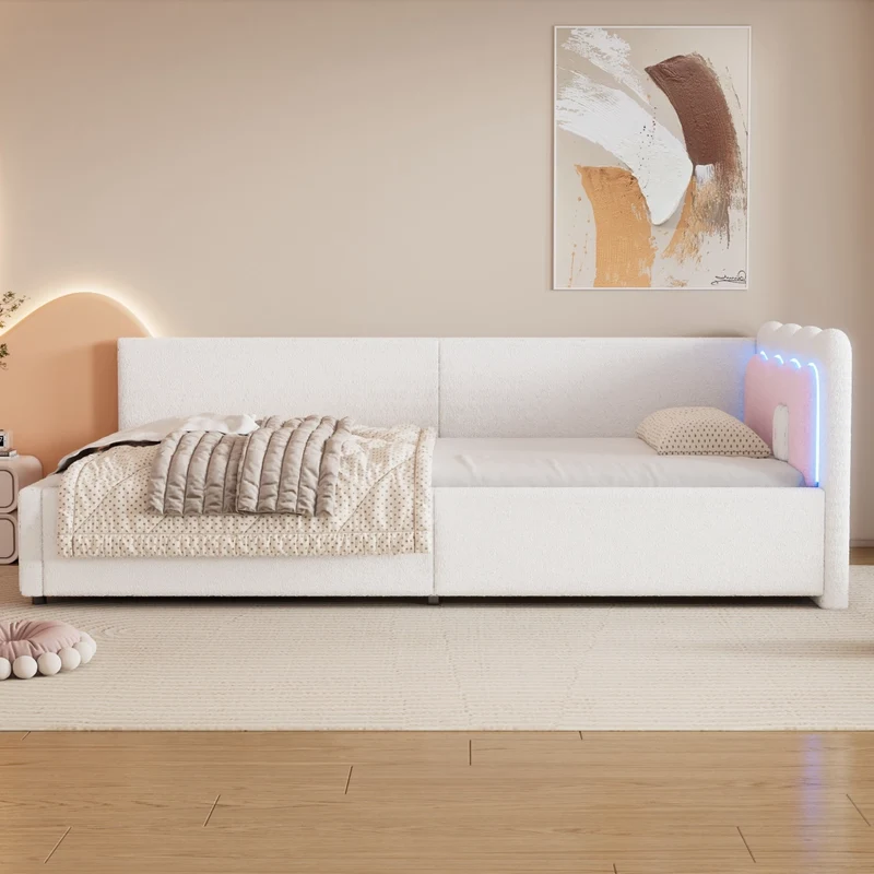 Divano letto 90x200 cm con illuminazione LED regolabile; rivestimento morbido bianco