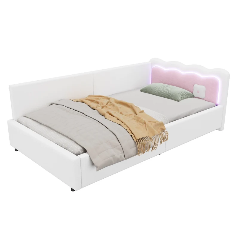 Divano letto 90x200 cm con illuminazione LED regolabile; rivestimento morbido bianco