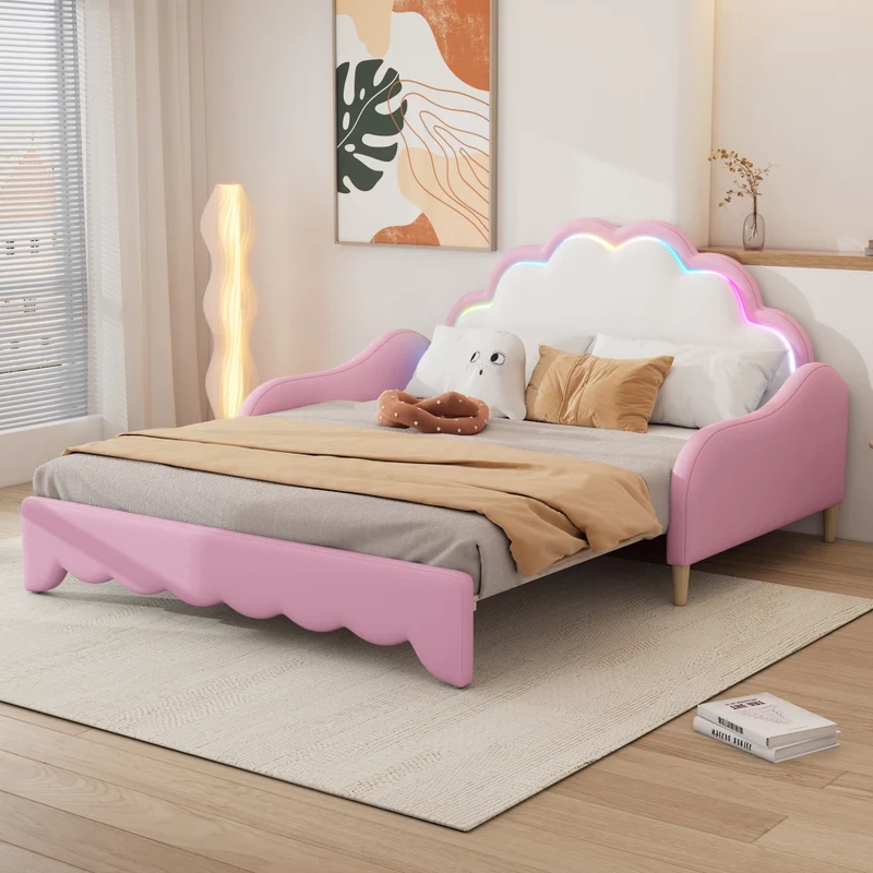 Divano letto rosa 140x200 cm convertibile; rivestito in PU con testiera LED