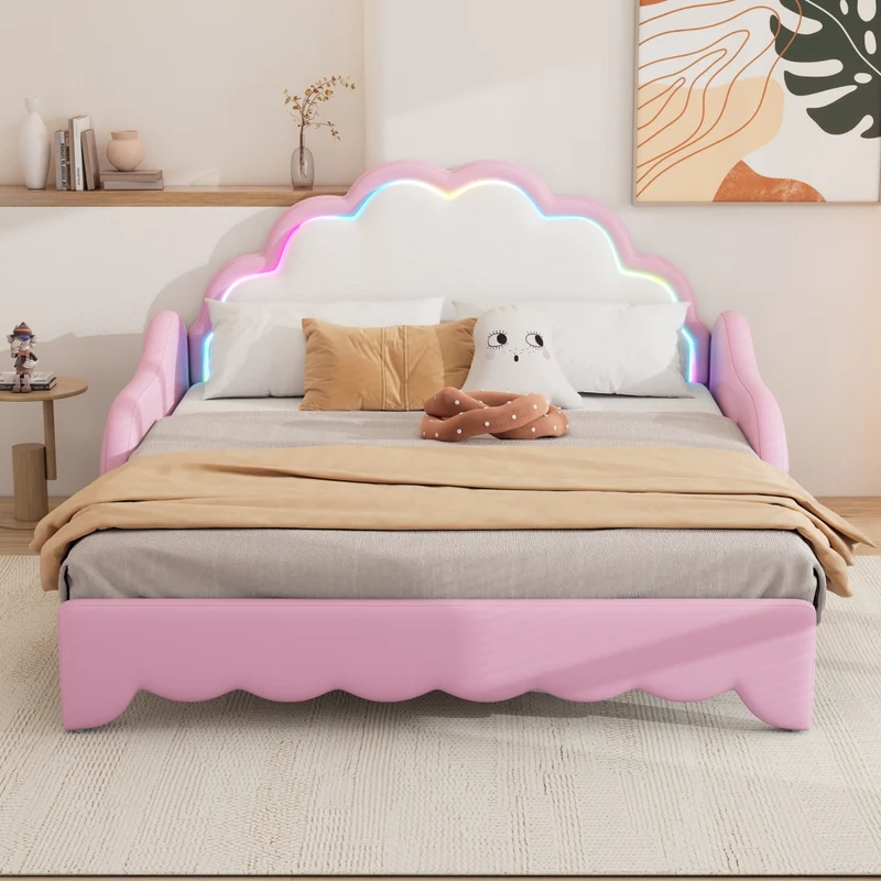 Divano letto rosa 140x200 cm convertibile; rivestito in PU con testiera LED