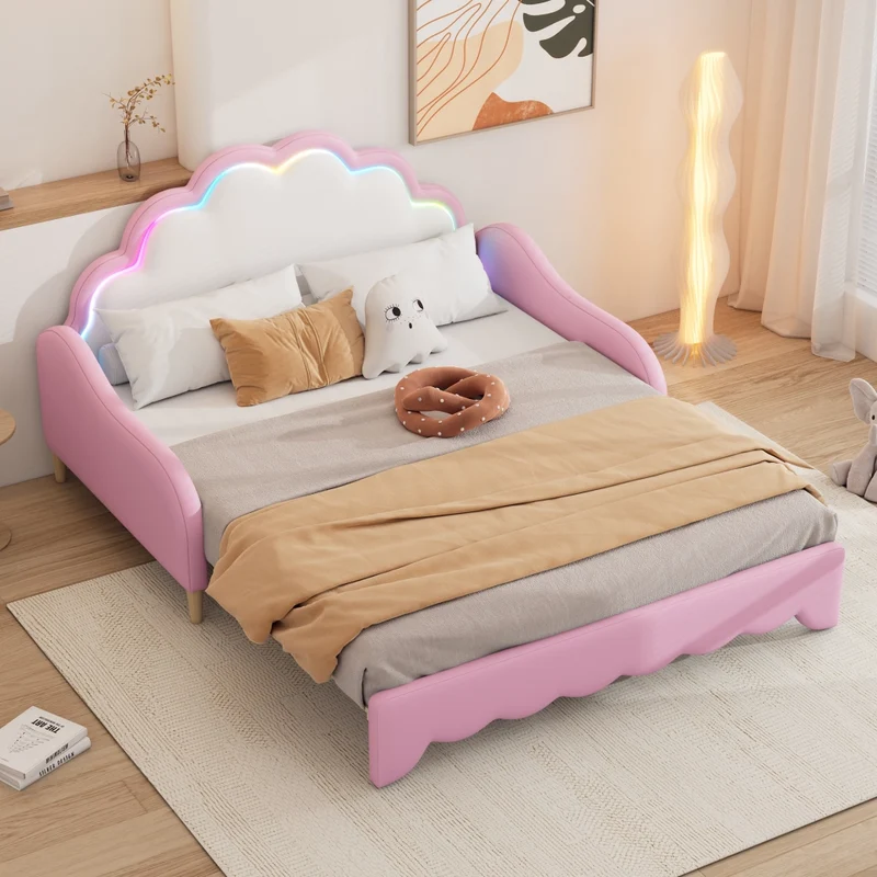 Divano letto rosa 140x200 cm convertibile; rivestito in PU con testiera LED