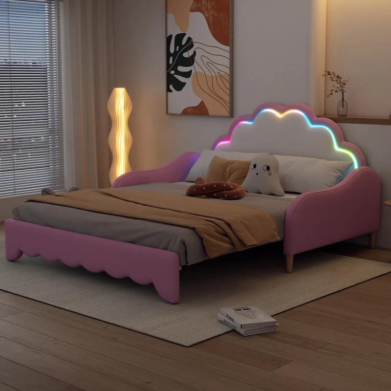 Divano letto rosa 140x200 cm convertibile; rivestito in PU con testiera LED