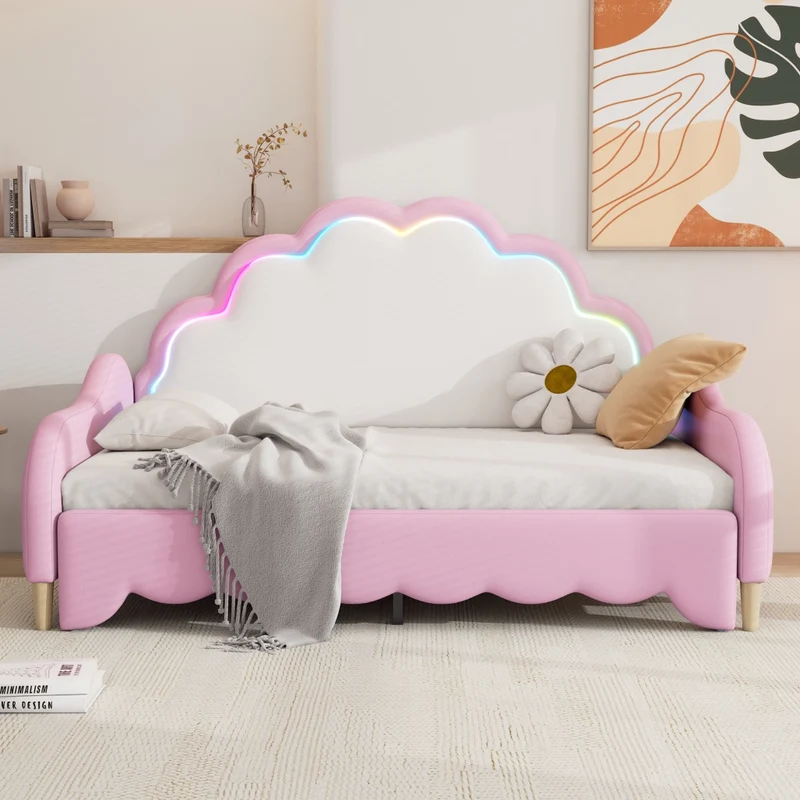 Divano letto rosa 140x200 cm convertibile; rivestito in PU con testiera LED