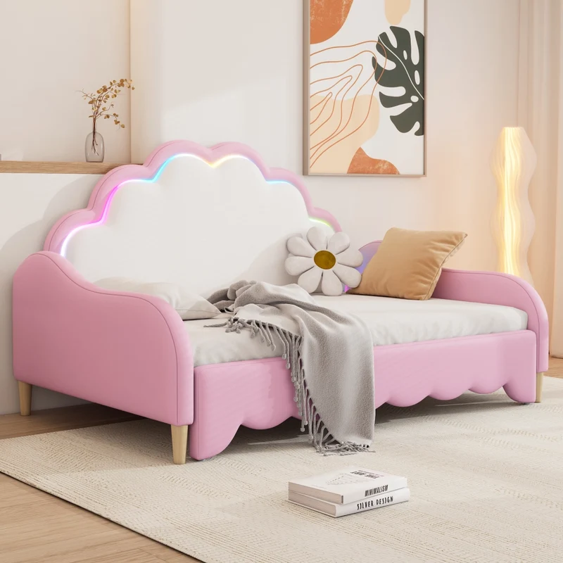 Divano letto rosa 140x200 cm convertibile; rivestito in PU con testiera LED