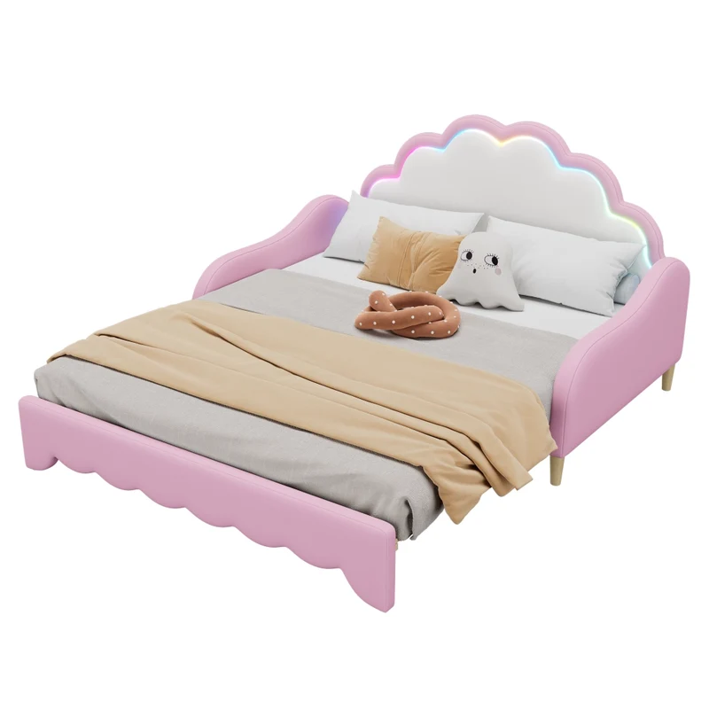 Divano letto rosa 140x200 cm convertibile; rivestito in PU con testiera LED