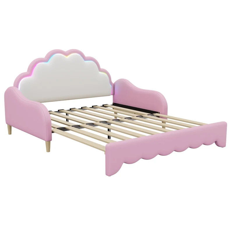 Divano letto rosa 140x200 cm convertibile; rivestito in PU con testiera LED