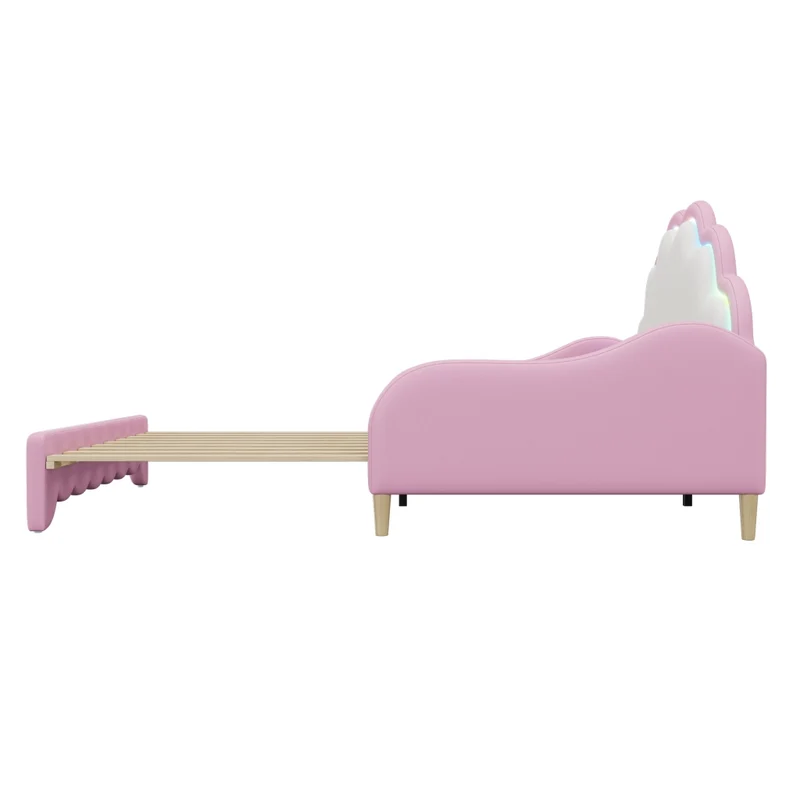 Divano letto rosa 140x200 cm convertibile; rivestito in PU con testiera LED
