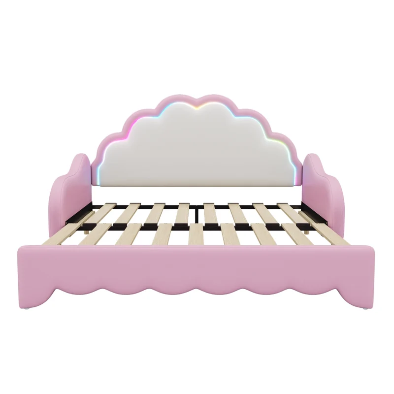 Divano letto rosa 140x200 cm convertibile; rivestito in PU con testiera LED