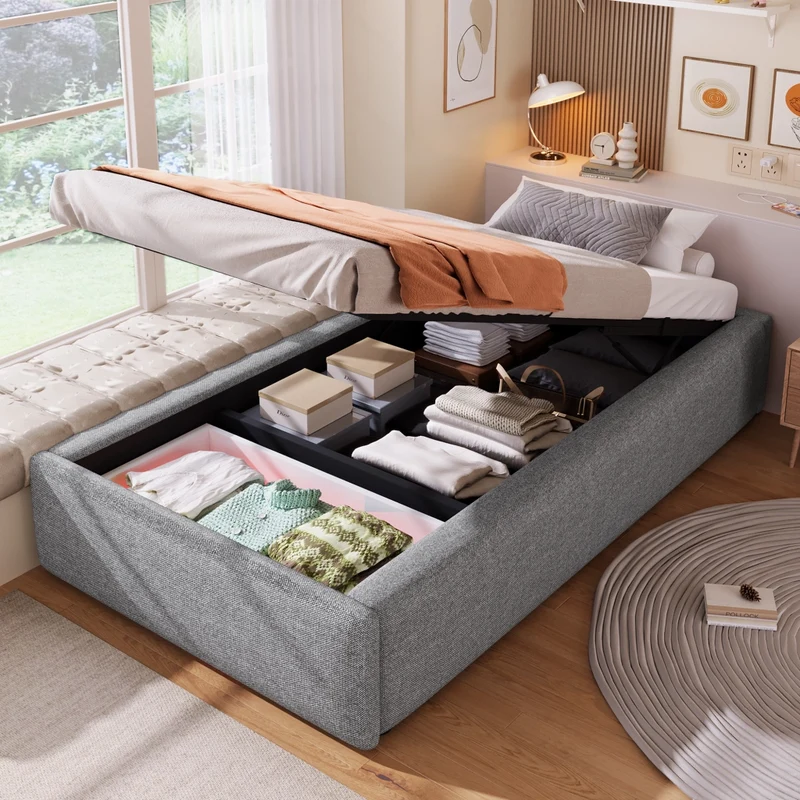 Letto imbottito 90x200 cm con contenitore idraulico e cassetto; grigio