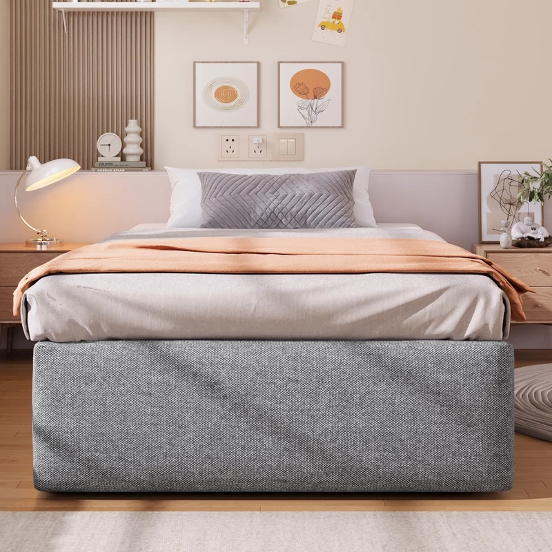 Letto imbottito 90x200 cm con contenitore idraulico e cassetto; grigio