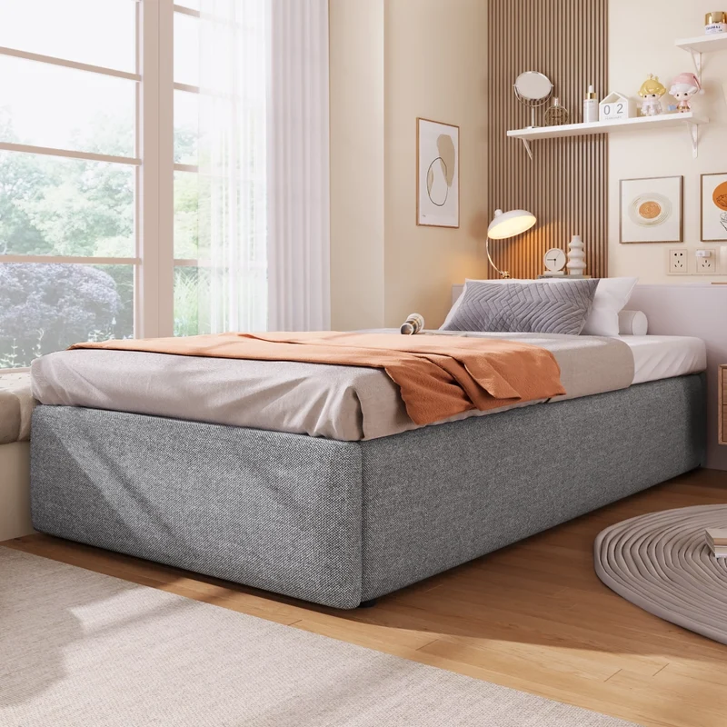 Letto imbottito 90x200 cm con contenitore idraulico e cassetto; grigio